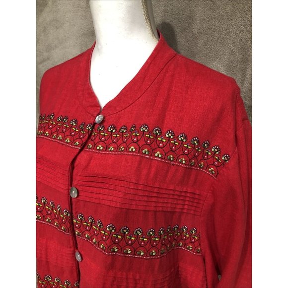Vintage 2X Plus Red Floral Embroidered Short Sleeve Cotton Top Blouse #390 - Picture 3 of 6